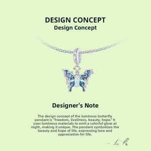 Detailed view of luminous butterfly pendant with colorful enamel and S925 silver finish