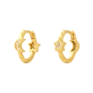 S925 silver gold-plated asymmetrical crescent moon and star huggie earrings with small crystals