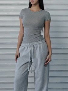 Slim fit gray athletic short sleeve T-shirt and wide leg sweatpants two-piece set