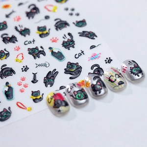 Stickers à ongles chat noir 3D avec motifs de pattes et d'arêtes de poisson pour manucure