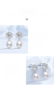 Detailed view of camellia flower earrings with moissanite and teardrop freshwater pearl
