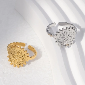 Eight Pointed Star Open Ring 18K Gold Plated Stainless Steel Sunburst Wide Band Adjustable Vintage Fashion Jewelry For Women