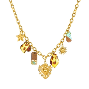 Vintage gold plated stainless steel necklace with acrylic heart and sun charms