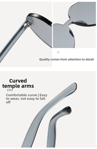 Detail view of transparent grey heart-shaped sunglasses featuring curved temple tips