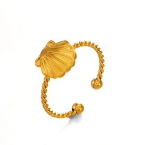 18K gold plated shell ring with twisted rope design and spherical accents for women