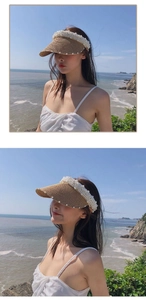 Close-up of handmade straw sun visor with elegant white pearl embellishments for summer