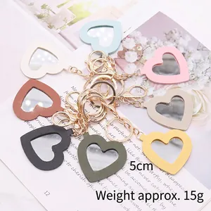 Cute PU Leather Heart Mirror Keychain Portable Hand Makeup Mirror Bag Charm Floral Round Mirror Keyring Women Fashion Gift