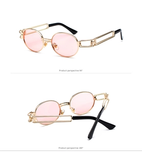 Detail view of pink steampunk sunglasses with gold metal frame from 90 and 180 degrees