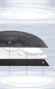 Three-layer cross-section of semi-circular doormat showing polyester surface and rubber backing