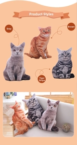 Detailed view of three 3D realistic cat plush pillows in grey, orange, and tiger patterns