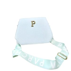 Fashionable light blue hexagonal tote bag with golden P logo and wide printed strap