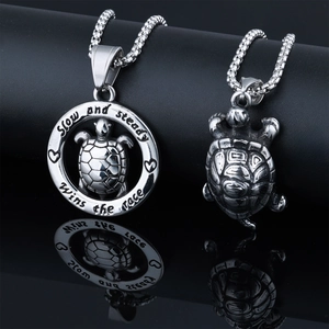 Retro stainless steel turtle pendant necklace with Slow and steady wins the race engraving