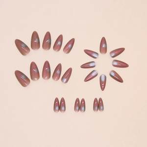 24pcs almond shape dark red cat eye press on nails with shimmering silver magnetic effect