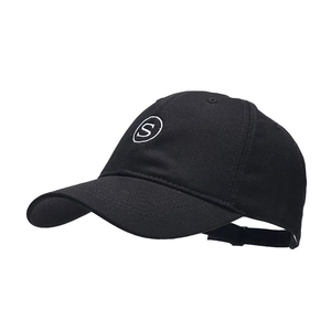 Classic black six-panel baseball cap featuring a white embroidered S logo on the front