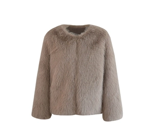 Close-up of fluffy faux fox fur texture on a light brown winter coat with soft fibers