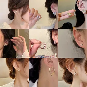 Elegant 9-piece S925 silver needle pearl and bow earring set for women's fashion
