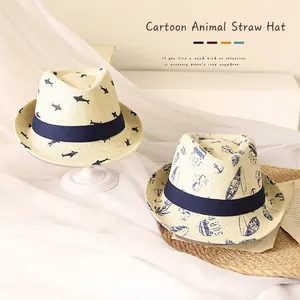 Kids breathable straw sun hat with surf and shark print in classic jazz fedora style