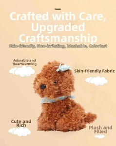 Detail of plush poodle dog toy with blue plaid bow tie and skin-friendly curly fur