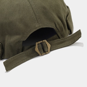 Army green canvas docker hat with vintage bronze metal buckle and adjustable back strap