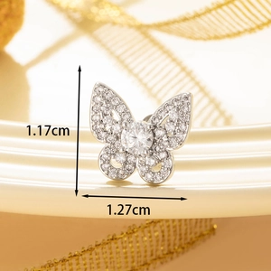 Size chart showing a silver butterfly stud earring with sparkling cubic zirconia stones