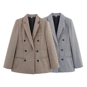 Klassische zweireihige Blazer mit Hahnentrittmuster in Braun und Schwarz-Weiß für Damen