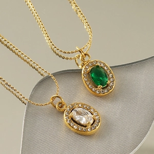 18K gold-plated stainless steel double-layered necklace with oval zircon pendants