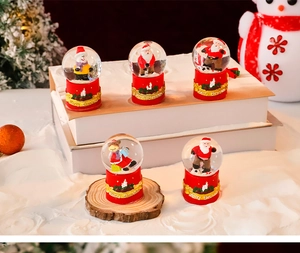 Detailed view of mini Christmas crystal balls with festive Santa and snowman characters