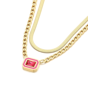 Double-layered gold titanium necklace with snake chain, Cuban chain and pink gemstone pendant