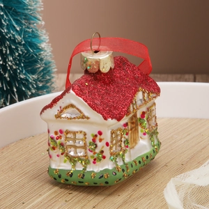 Handcrafted Christmas house ornament with red glitter roof and green base for tree hanging