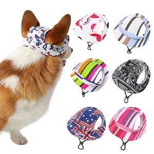 Detailed view of canvas dog sun hats featuring multiple patterns and adjustable chin straps