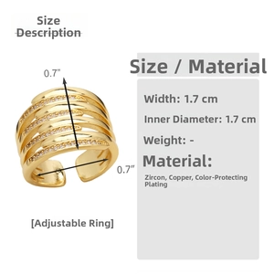Size guide for double-layered gold ring with zircon inlay showing dimensions and material