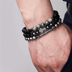 Men's beaded bracelet set with obsidian stones, metal beads and a silver cross charm