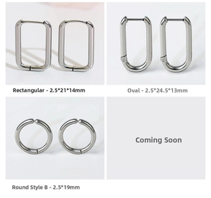 Detailed view of silver geometric stainless steel hoop earrings in various shapes