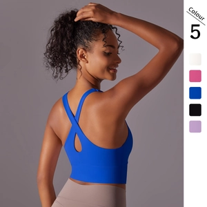 Reggiseno Sportivo Senza Cuciture da Donna Incrocio Posteriore Top da Yoga Imbottito Nylon Elastan Gilet da Fitness Corsa
