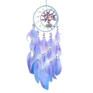 Blue and purple dream catcher with tree of life crystals and natural feathers for wall decor