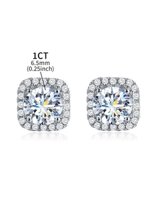 Detail of 1ct 6.5mm round moissanite stud earrings in 925 silver halo setting