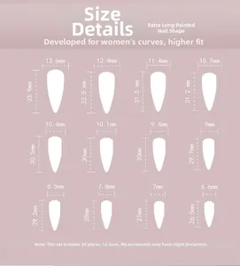 Guide des tailles pour 24 faux ongles stiletto longs montrant 12 spécifications de dimensions