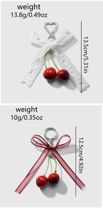 Detailed size and weight comparison of cherry keychains with lace and ribbon bows