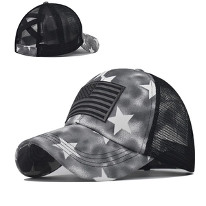 Vintage Ponytail Baseball Cap Distressed Criss Cross Mesh Trucker Hat American Flag Stars Embroidery Wash Cotton Adjustable