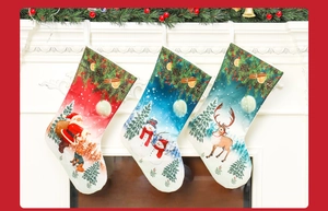 Three-piece Christmas stockings set with festive Santa, Snowman and Reindeer patterns