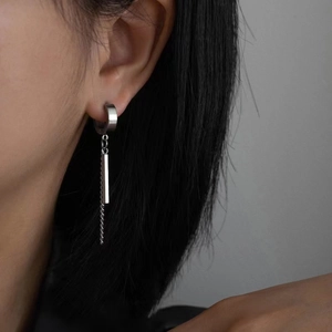 Unisex silver titanium steel tassel earrings with geometric bar and delicate chain