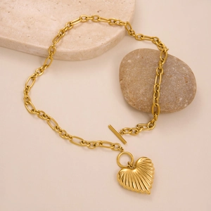 18k gold plated OT toggle necklace with ribbed heart pendant on stylish link chain