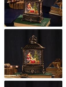 Macro view of vintage bronze Christmas lantern with Santa scene and swirling snowflakes