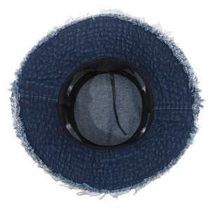 Vintage dark blue denim bucket hat with frayed edges and adjustable inner strap