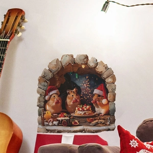 Sticker mural 3D souris de Noël avec trois hamsters sous arche pour décor de salon