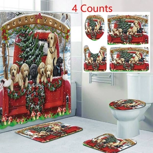Christmas bathroom set detail with retro truck, golden retriever design and Merry X-mas text