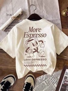 Vintage beige cotton T-shirt featuring cartoon espresso print and graphic typography