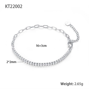 S925 sterling silver tennis chain bracelet with white cubic zirconia and heart charm