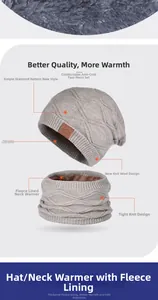Detail of grey knitted hat and neck warmer set with thick fleece lining and sports label