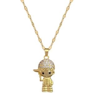 Gold titanium steel necklace featuring a zircon-studded hat boy pendant for women